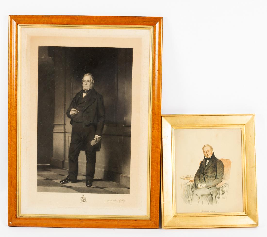 Edward Burton after John Watson Gordon/Oswald: Edward Burton after John Watson Gordon/Oswald Mosley/full length, with facsimile signature to margin/engraving, 71cm x 48cm in a birdseye maple frame/and another portrait print of Robert Smith, 1st Lo