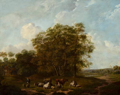 Attributed to Egbert van Drielst (Dutch: Attributed to Egbert van Drielst (Dutch 1745-1818)/Summer Landscape with Livestock and Figures/oil on panel, 42cm x 54cm