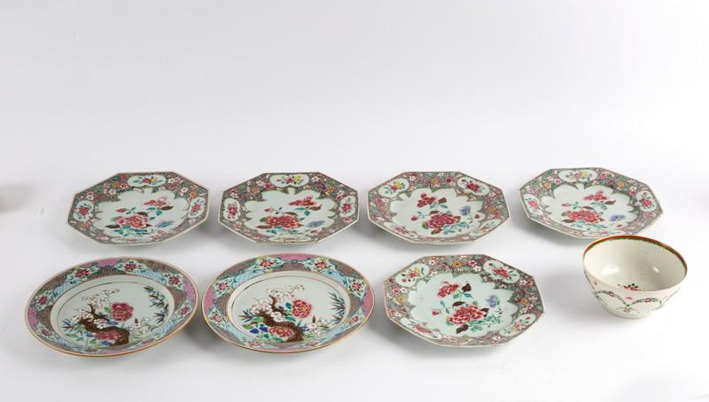 A collection of five famille rose octagonal plates, (1 of 3)