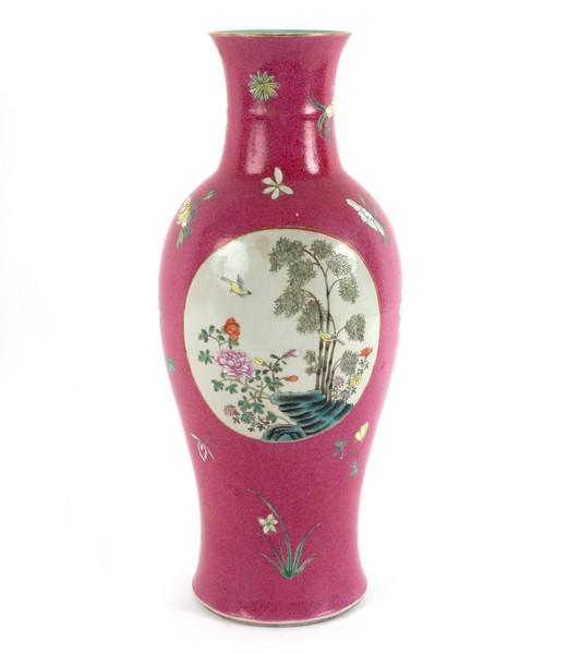 A Chinese famille rose ruby ground medallion vase, the (1 of 2)
