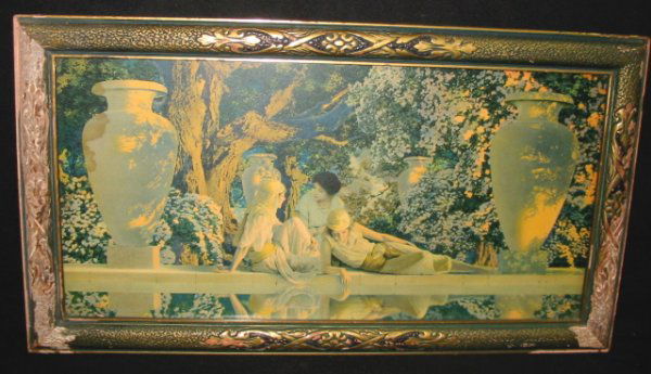 Maxfield Parrish - Garden of Allah: Maxfield Parrish - Garden of Allah - 9 x 16, signed M.P. , Stain in upper left corner 1.5 x 3.5, Frame has paint loss on left and right side.