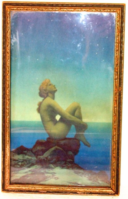 Maxfield Parrish print – Stars: Maxfield Parrish print - Stars - 10 x 6, House of Art, Print is very good, (dirty glass), Frame has some paint flaking.