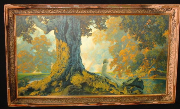 Maxfield Parrish print – Dreaming: Maxfield Parrish print - Dreaming - 10 x 18 ,House of Art (left), Maxfield Parrish (right), Print is Excellent , frame has some paint loss.