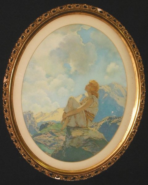 Maxfield Parrish print – Morning: Maxfield Parrish print - Morning - 17 x 14 oval, Print is very good, frame has some light damage.