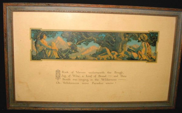 Maxfield Parrish print - Garden of Allah with Poem: Maxfield Parrish print - Garden of Allah - with Poem, 3.75 x 14.75 image on 11 x 19 mat, 1917 C.A. Crane, Cleveland Ohio., print is great, mat has stain in lower left corner and some light foxing.