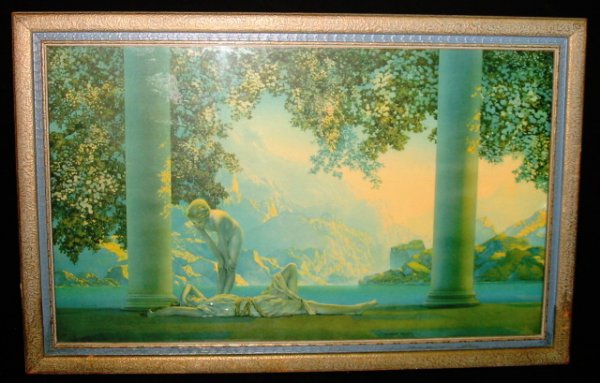 Maxfield Parrish print - Day Break: Maxfield Parrish print - Day Break - 18 x 30, House of Art (left), Maxfield Parrish (right of center), Print and frame are both Excellent.