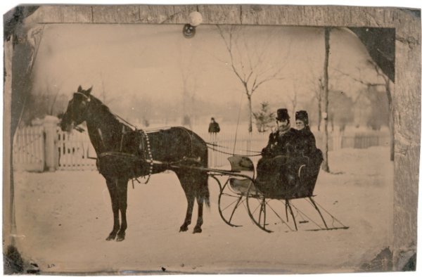 1/2 tintype outdoor Winter Scene Horse Sled