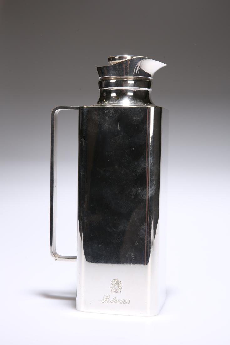 A SILVER-PLATED THERMOS, 20TH CENTURY, of square: A SILVER-PLATED THERMOS, 20TH CENTURY, of square section and with angular handle, with pull off cover, the interior glass lined, engraved on each side Ballantines and with the coat-of-arms of Ballanti