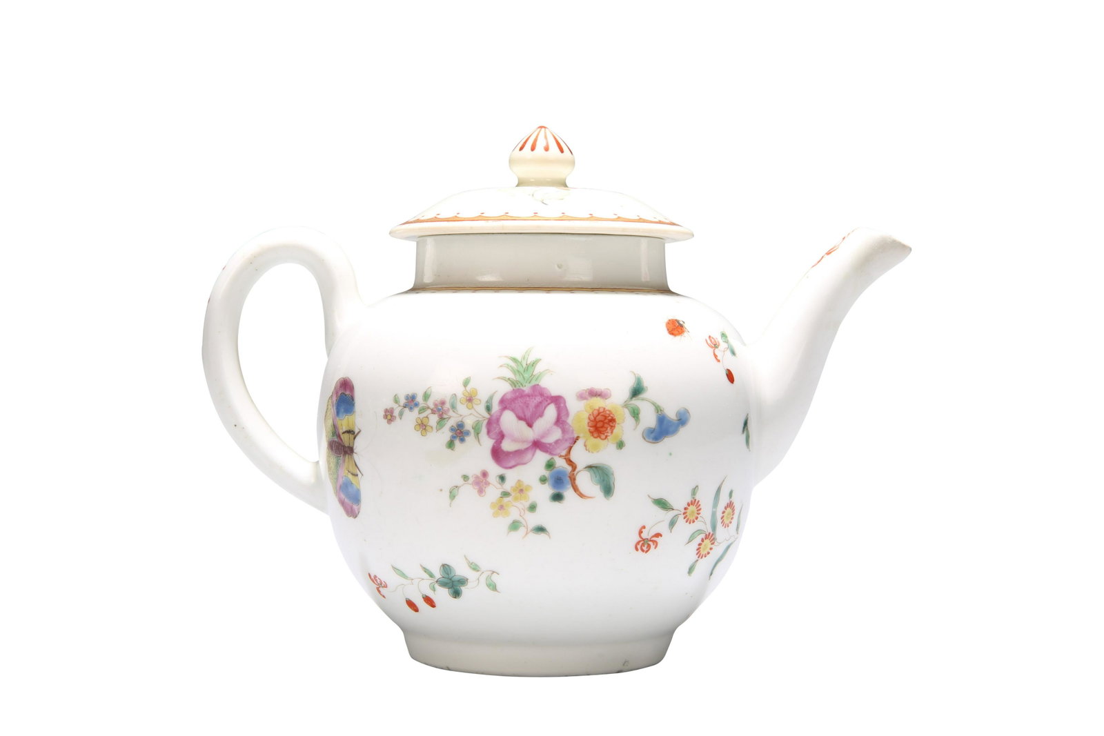 A WORCESTER PORCELAIN TEAPOT AND COVER, c. 1765,: A WORCESTER PORCELAIN TEAPOT AND COVER, c. 1765, possibly from the workshop of James Giles, polychrome painted with floral sprays, butterflies and insects, the handle and spout with red scroll decorat
