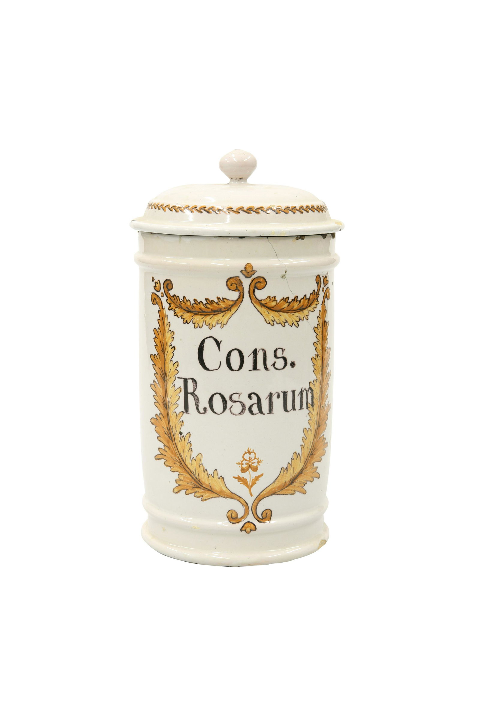 A LATE 18TH/EARLY 19TH CENTURY TIN GLAZED DRUG: A LATE 18TH/EARLY 19TH CENTURY TIN GLAZED DRUG JAR, cylindrical, with domed cover, painted "Cons .Rosarum" within a foliate cartouche against a white glazed ground. 23.5cm