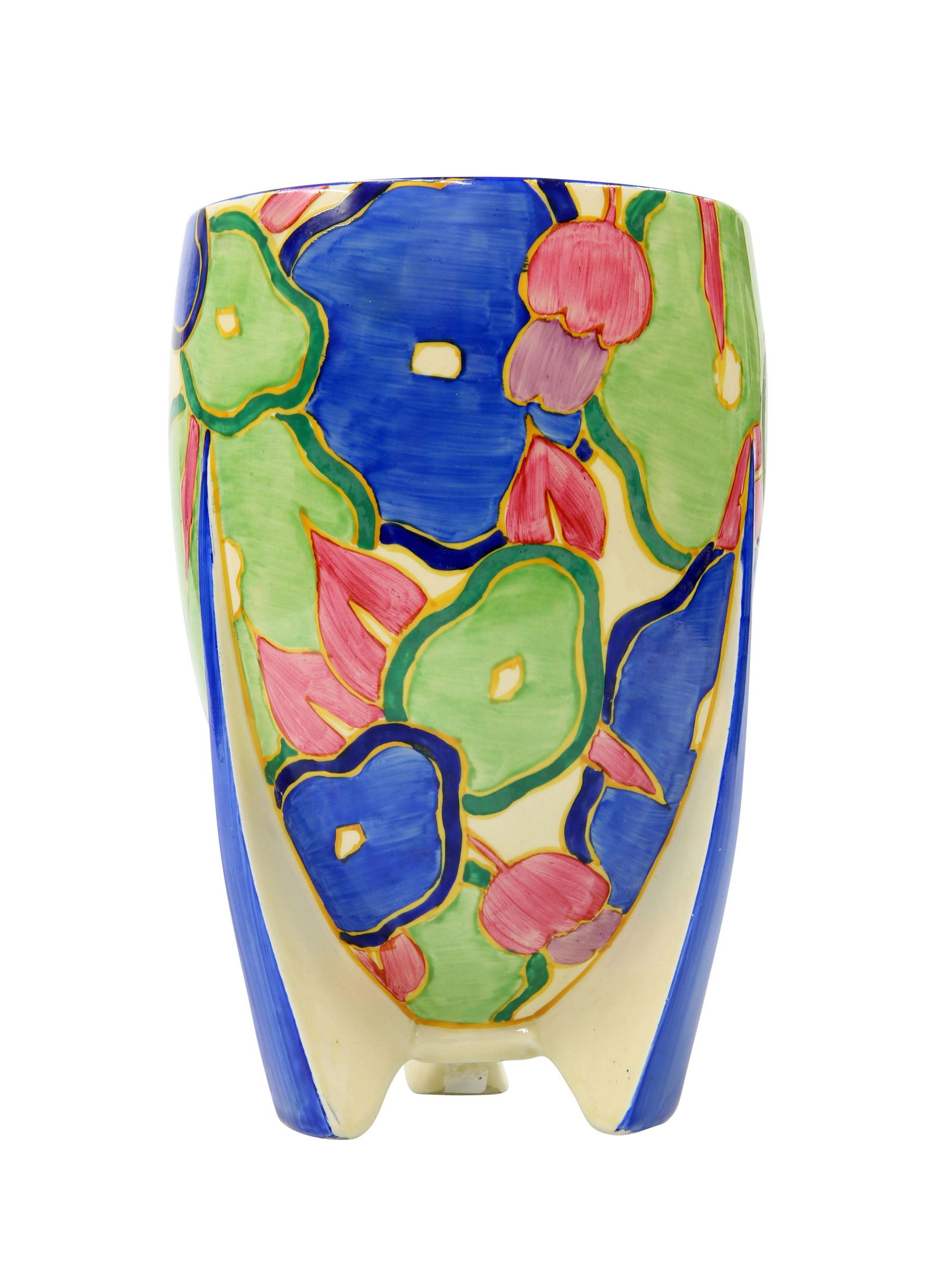 A CLARICE CLIFF "BLUE CHINTZ" VASE, c.1932, the ovoid: A CLARICE CLIFF "BLUE CHINTZ" VASE, c.1932, the ovoid body raised on three finned support, black printed Newport Pottery mark. 21.5cm high