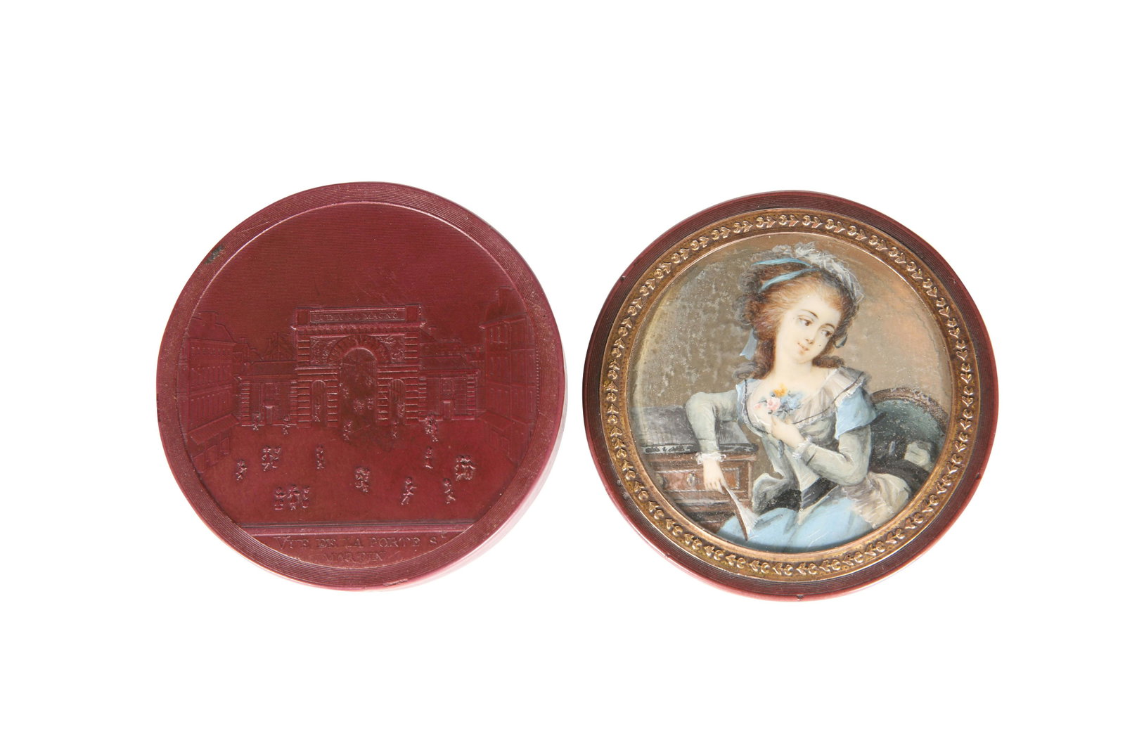 A FRENCH LACQUER AND TORTOISESHELL SNUFF BOX, 19TH: A FRENCH LACQUER AND TORTOISESHELL SNUFF BOX, 19TH CENTURY, circular, the base carved with a titled view, "Vue De La Porte S. Martin", the cover with inset miniature of a lady in 18th Century dress. 