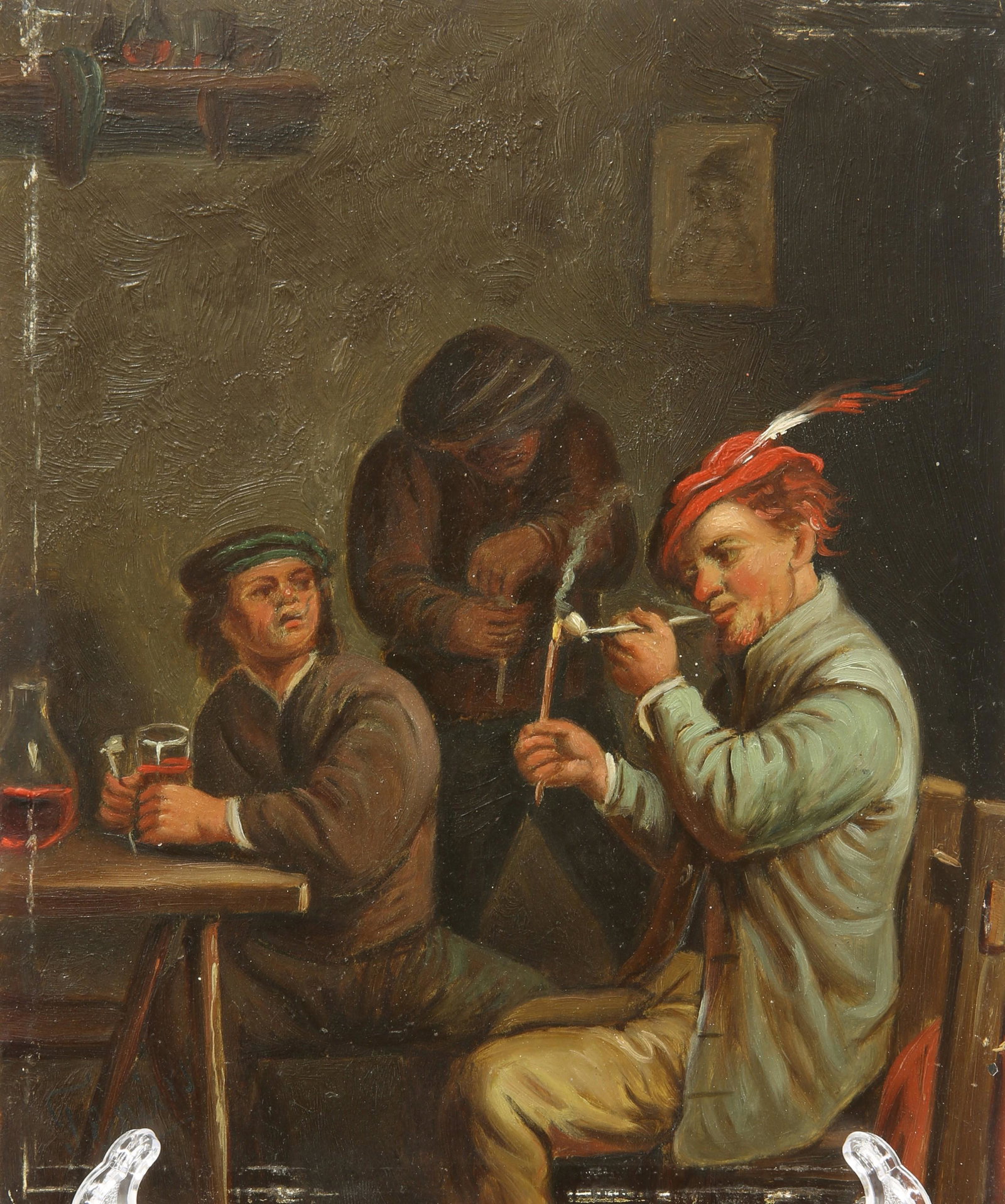 AFTER TENIERS, TAVERN SCENE WITH A MAN SMOKING A CLAY: AFTER TENIERS, TAVERN SCENE WITH A MAN SMOKING A CLAY PIPE, bears signature lower left, oil on tin, unframed. 20cm by 17cm