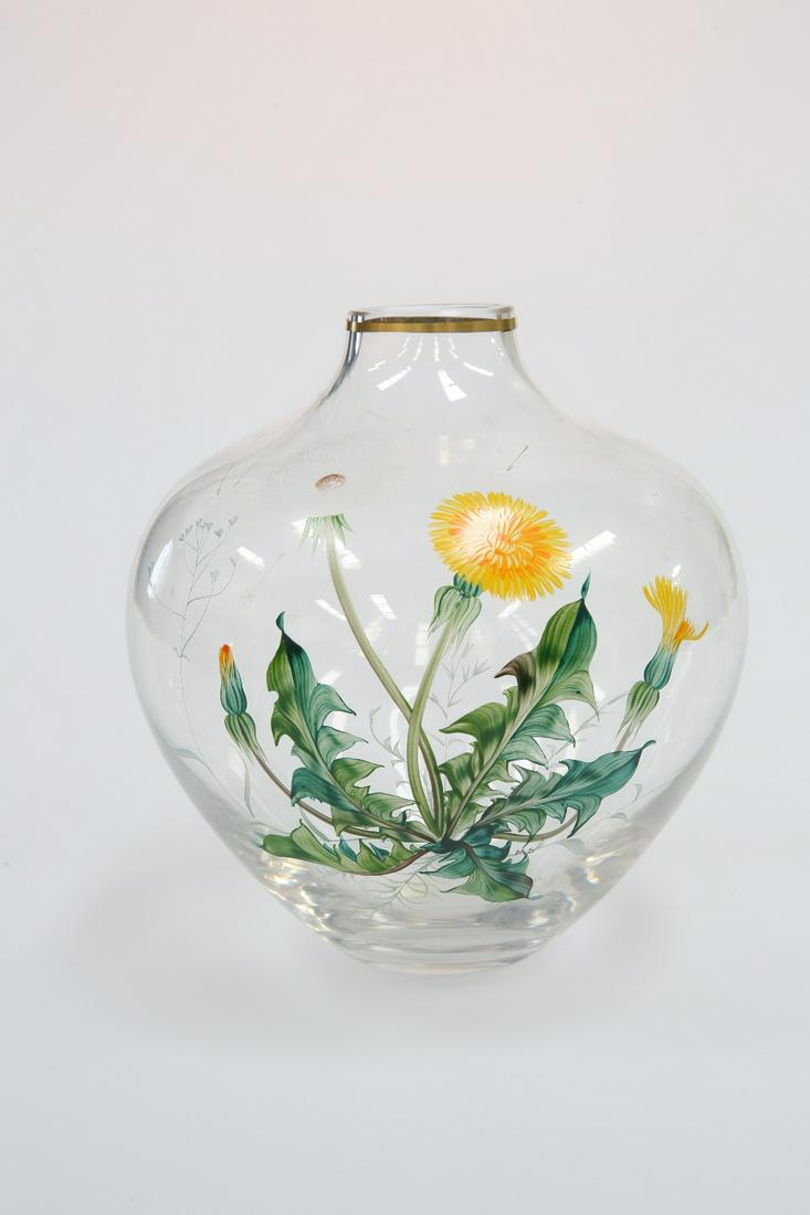 A 19th CENTURY ENAMEL PAINTED GLASS VASE, PROBABLY: A 19th CENTURY ENAMEL PAINTED GLASS VASE, PROBABLY THOMAS WEBB, STOURBRIDGE, of near spherical form, painted with dandelions and stars, and with a gilt band to the rim. 18cm Provenance: The Chris Crab