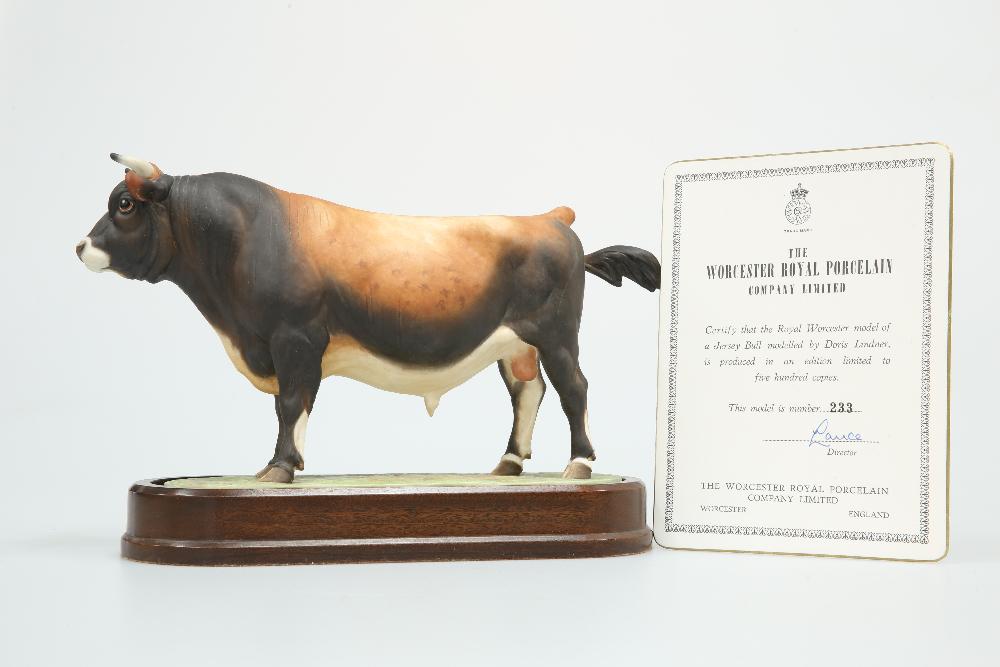 A ROYAL WORCESTER LIMITED EDITION MODEL OF A JERSEY: A ROYAL WORCESTER LIMITED EDITION MODEL OF A JERSEY BULL, MODELLED BY DORIS LINDNER, no. 233 (of 500), on a wooden plinth, with certificate. 19cm high, plinth 27cm