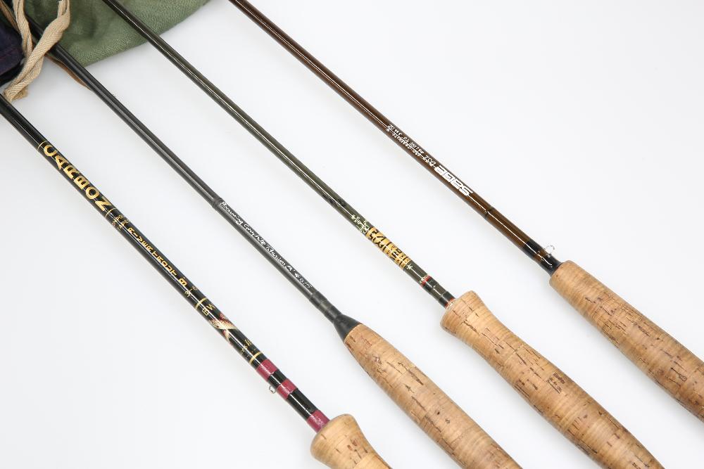 COLLECTION OF FOUR FLY FISHING RODS comprising: 1 Hardy: COLLECTION OF FOUR FLY FISHING RODS comprising: 1 Hardy ‘Graphite’ 7½ft 2 piece Fly Rod, 1 Bruce & Walker ‘Carbon Compound Taper’ 9½ft 2 piece Fly Rod, 1 Sage ‘Graphite 11’ 9ft 2 piece