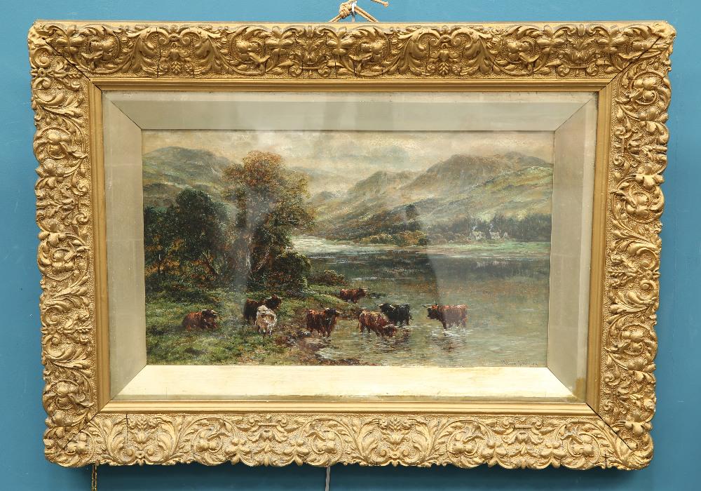 WILLIAM LANGLEY (ACT. 1880-1920), HIGHLAND CATTLE: WILLIAM LANGLEY (ACT. 1880-1920), HIGHLAND CATTLE WATERING, signed lower right, oil on canvas, framed under glass. 29cm by 49cm