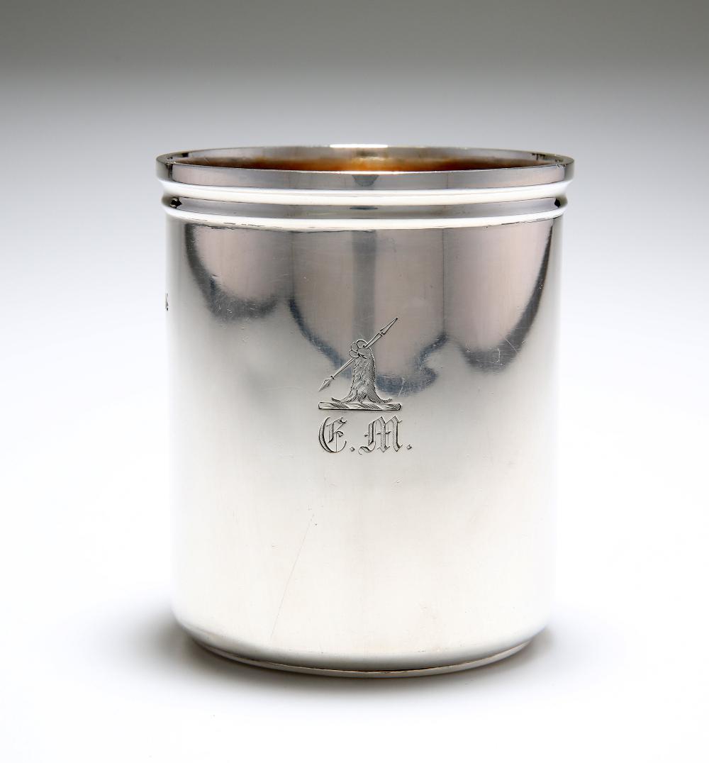 A VICTORIAN SILVER BEAKER OF FINE QUALITY, THOMAS: A VICTORIAN SILVER BEAKER OF FINE QUALITY, THOMAS JOHNSON, LONDON 1850, cylindrical with moulded rim, engraved with a crest and initials. 8.8cm, 5.1 troy ounces