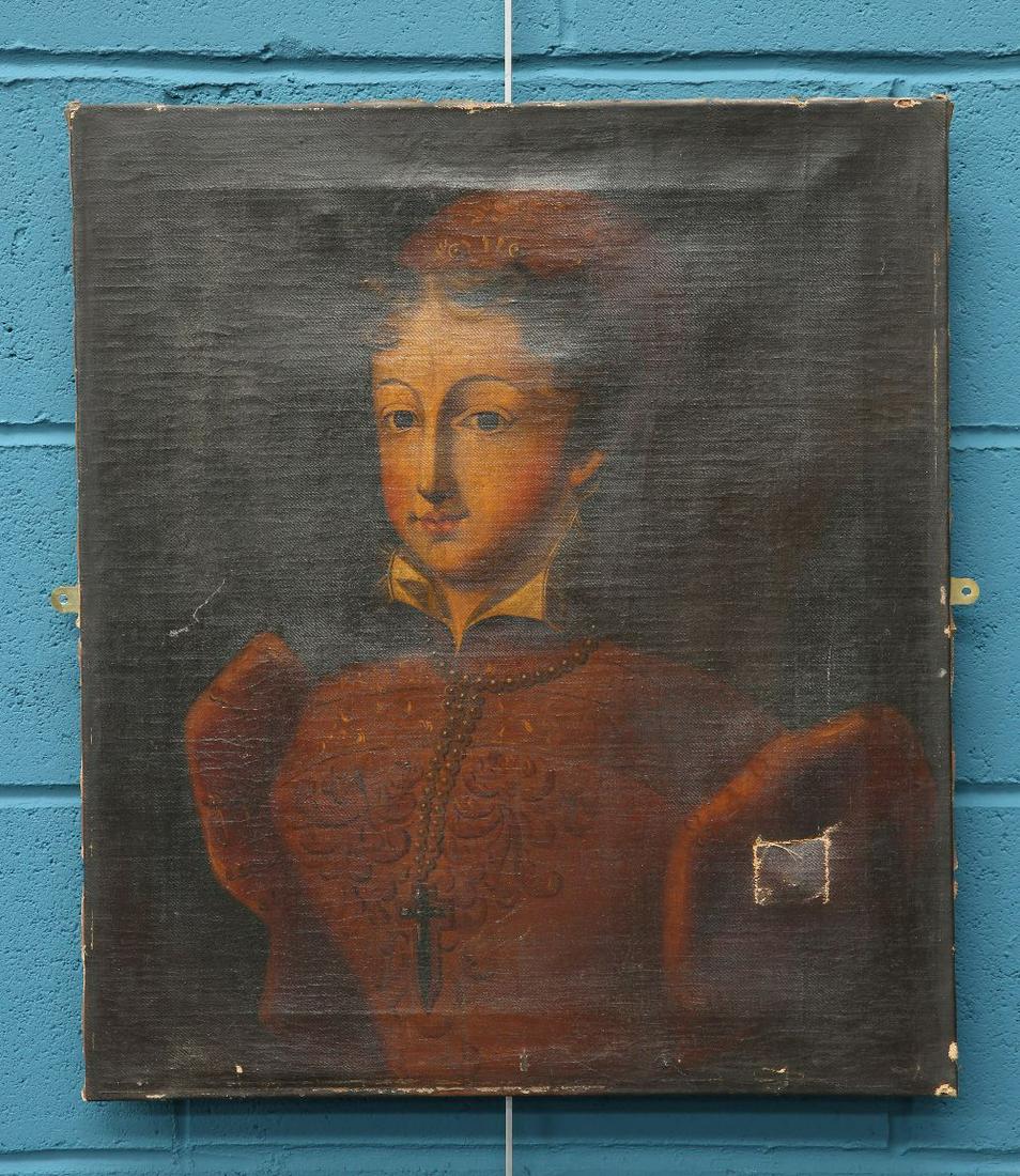 CONTINENTAL SCHOOL, PORTRAIT OF A GIRL IN 16TH CENTURY: CONTINENTAL SCHOOL, PORTRAIT OF A GIRL IN 16TH CENTURY COSTUME WEARING A CRUCIFIX, oil on canvas, unframed. 60cm by 53cm