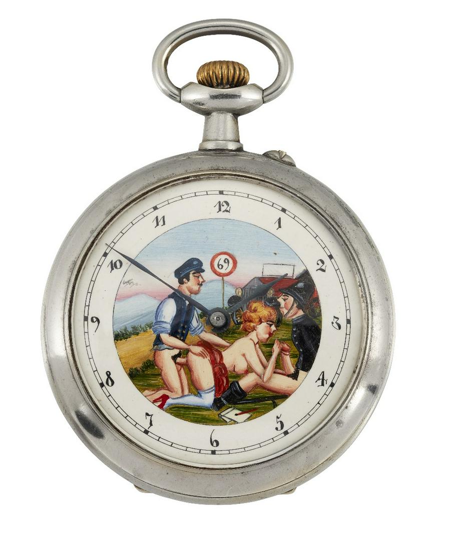 A NOVELTY EROTIC AUTOMATON GOLIATH POCKET WATCH by: A NOVELTY EROTIC AUTOMATON GOLIATH POCKET WATCH by Doxa 66mm nickel case.