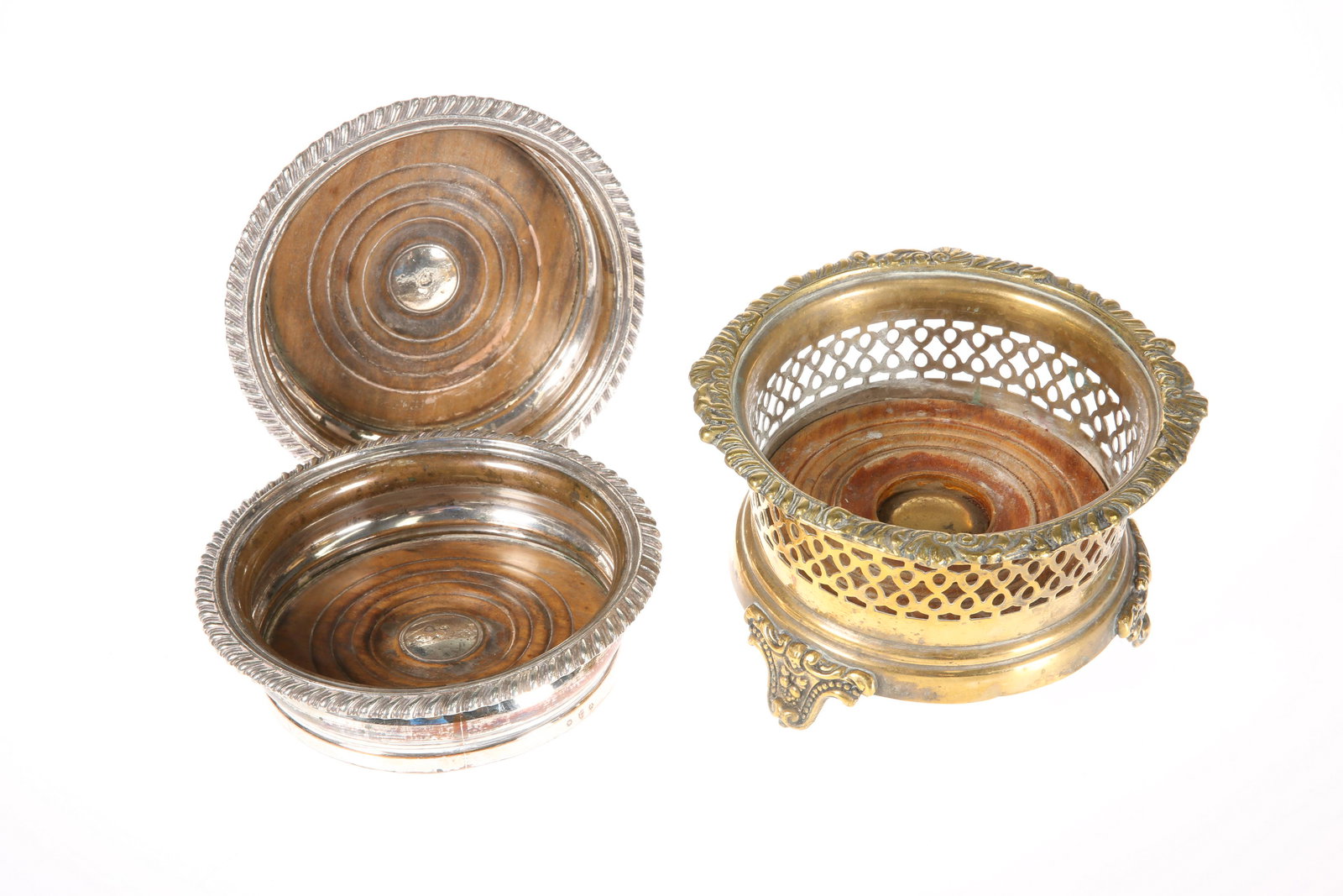 A PAIR OF OLD SHEFFIELD PLATE WINE COASTERS BY MATTHEW: A PAIR OF OLD SHEFFIELD PLATE WINE COASTERS BY MATTHEW BOULTON,Â together with another unmarked single coaster. (3) Boulton coasters 15cm diameter