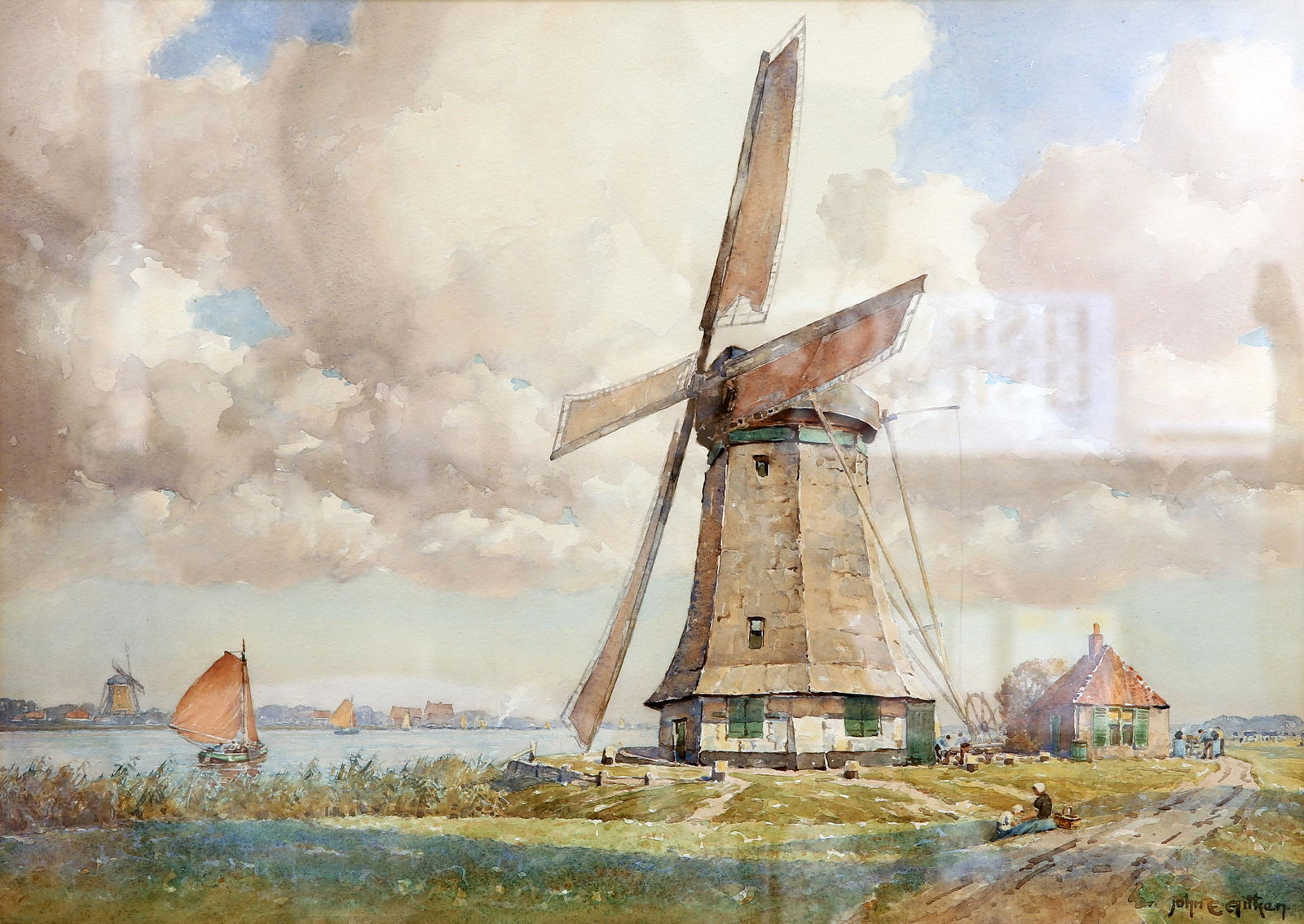 JOHN ERNEST AITKEN (1881-1957) "KRALINGSCHE PLAS,: JOHN ERNEST AITKEN (1881-1957) "KRALINGSCHE PLAS, ROTTERDAM" Signed lower right, Royal Scottish Society of Painters in Watercolour label verso, watercolour, framed. 34cm by 48cm.