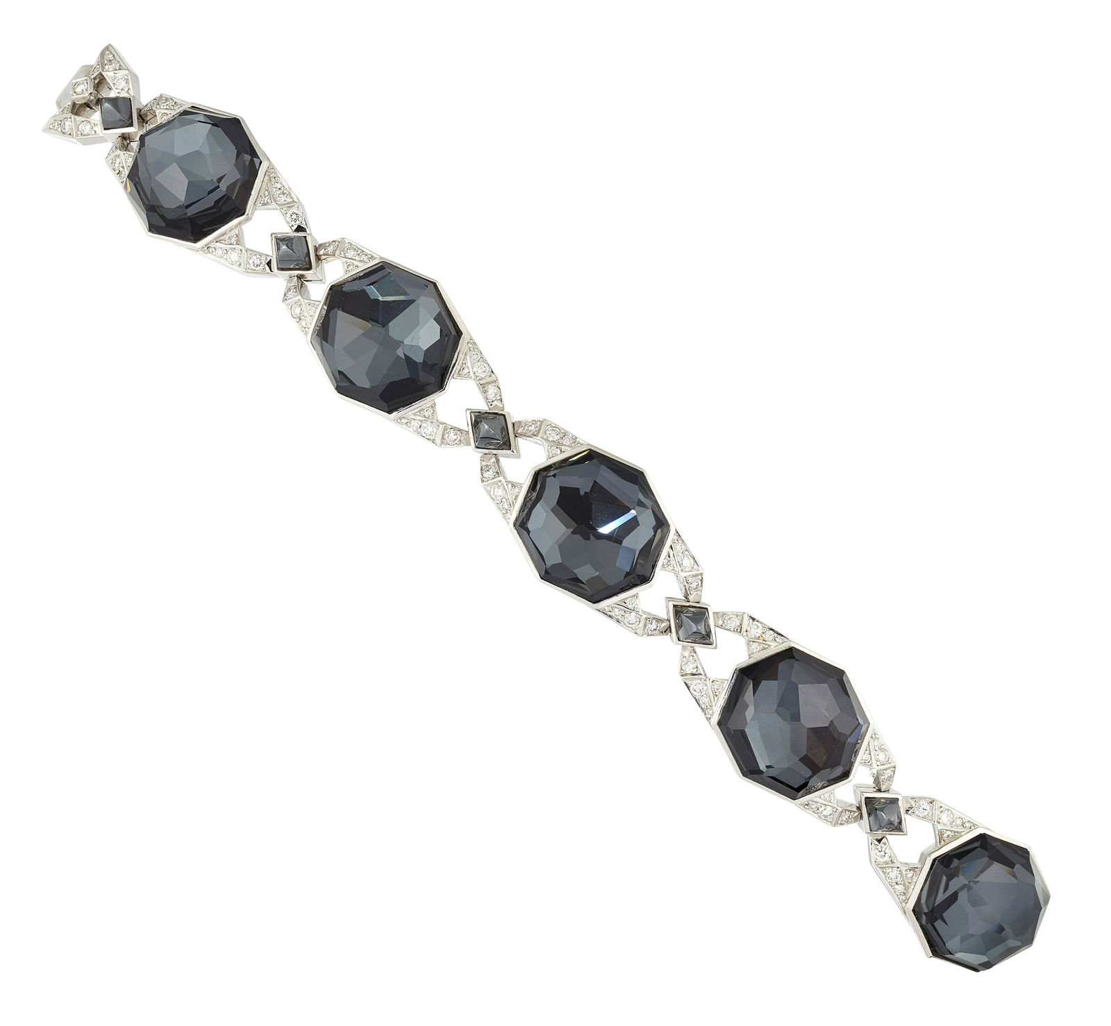 A STEPHEN WEBSTER 18CT BRACELET SET WITH DIAMONDS,: A STEPHEN WEBSTER 18CT BRACELET SET WITH DIAMONDS, HAEMATITE AND GREY HARDSTONES, set with five large grey faceted hardstones, collet mounted with closed backs, each set to centre of elongated open oc