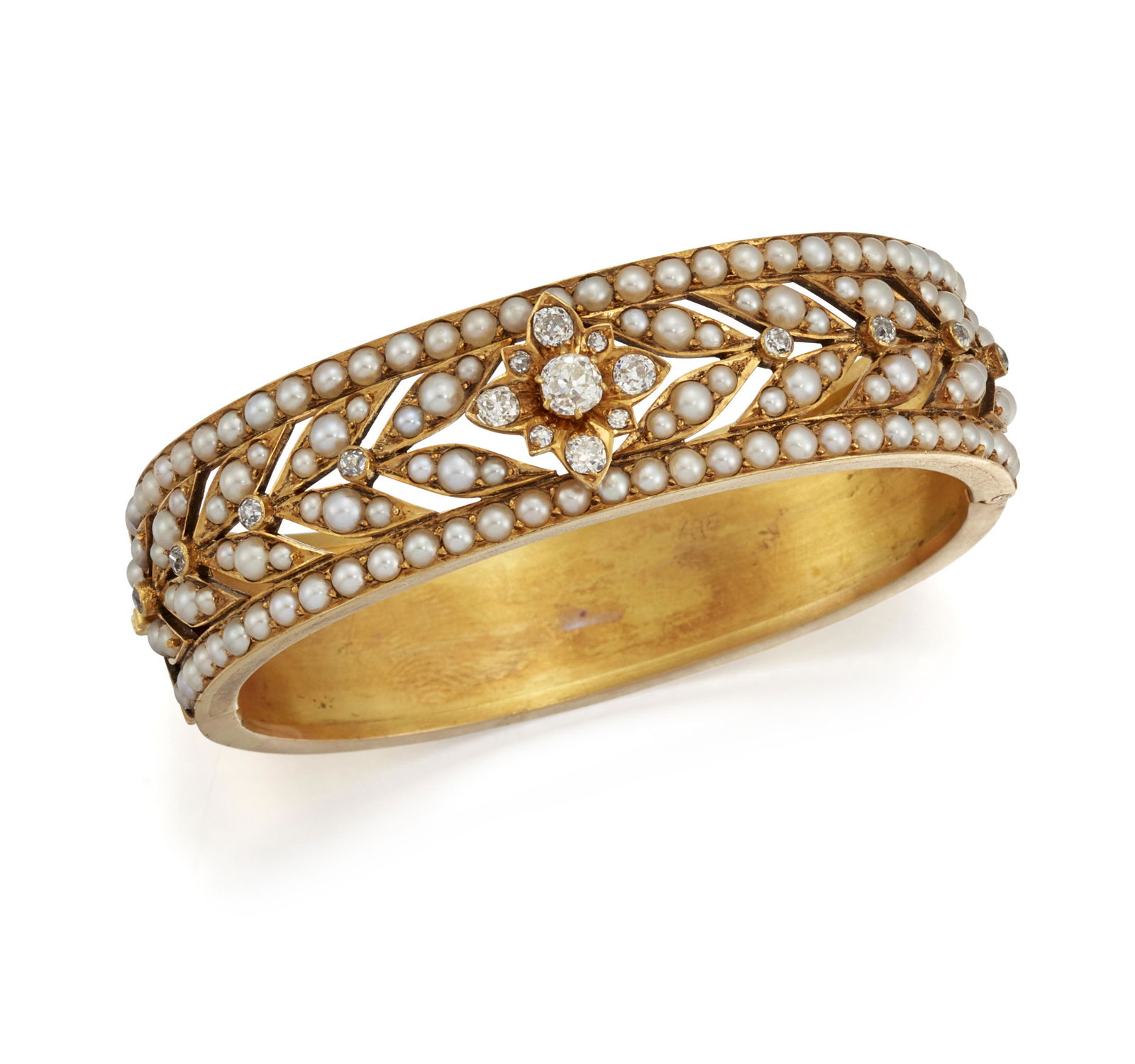 A FRENCH DIAMOND AND PEARL BANGLE, the hinged bangle (1 of 1)