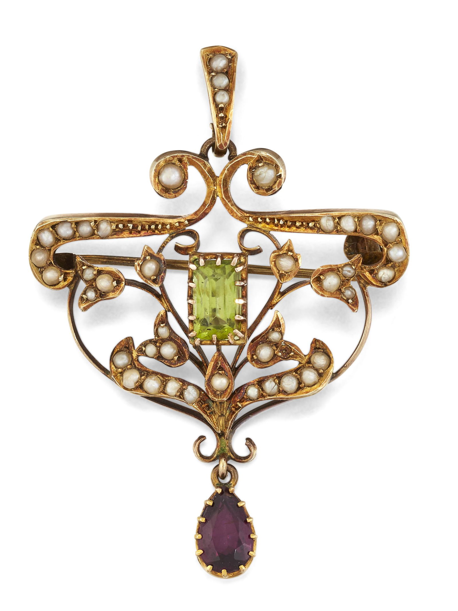 AN EDWARDIAN PERIDOT, AMETHYST AND SEED PEARL PENDANT (1 of 1)