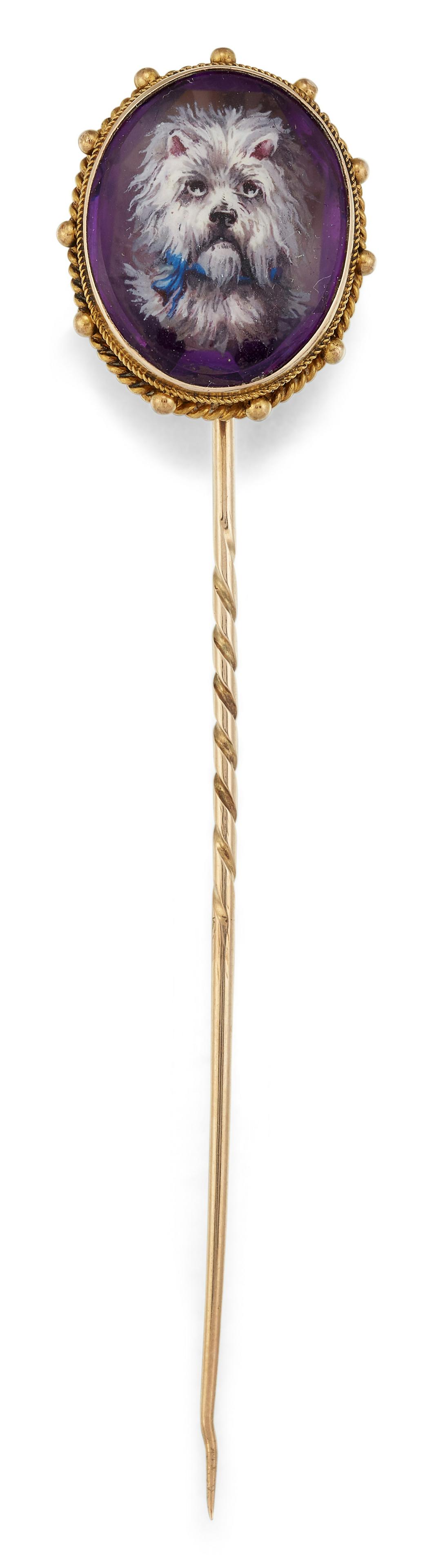 A PAINTED AMETHYST STICK PIN, the oval amethyst painted (1 of 1)