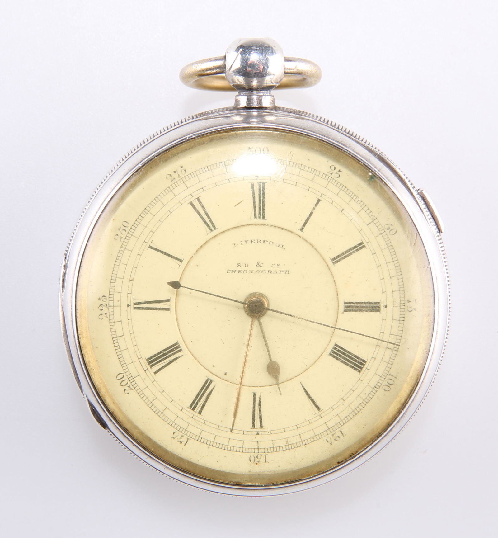 A SILVER CHRONOGRAPH POCKET WATCH, the white enamel (1 of 1)