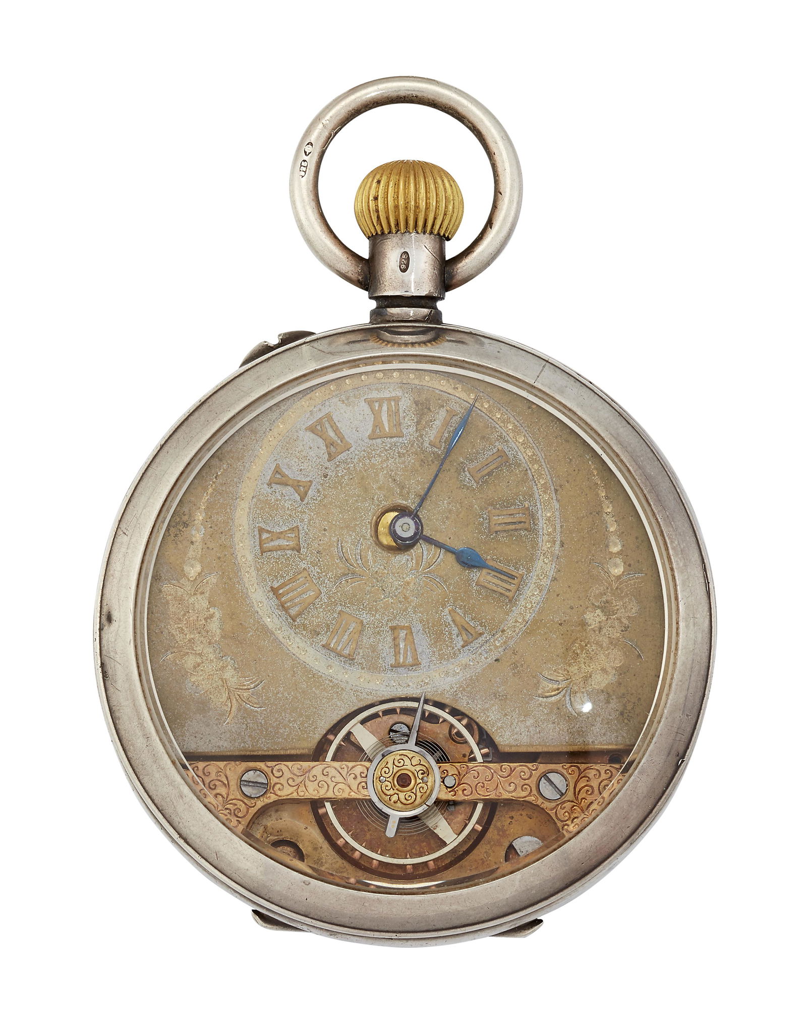 A SILVER 8 DAY POCKET WATCH. Circular silver dial with (1 of 1)