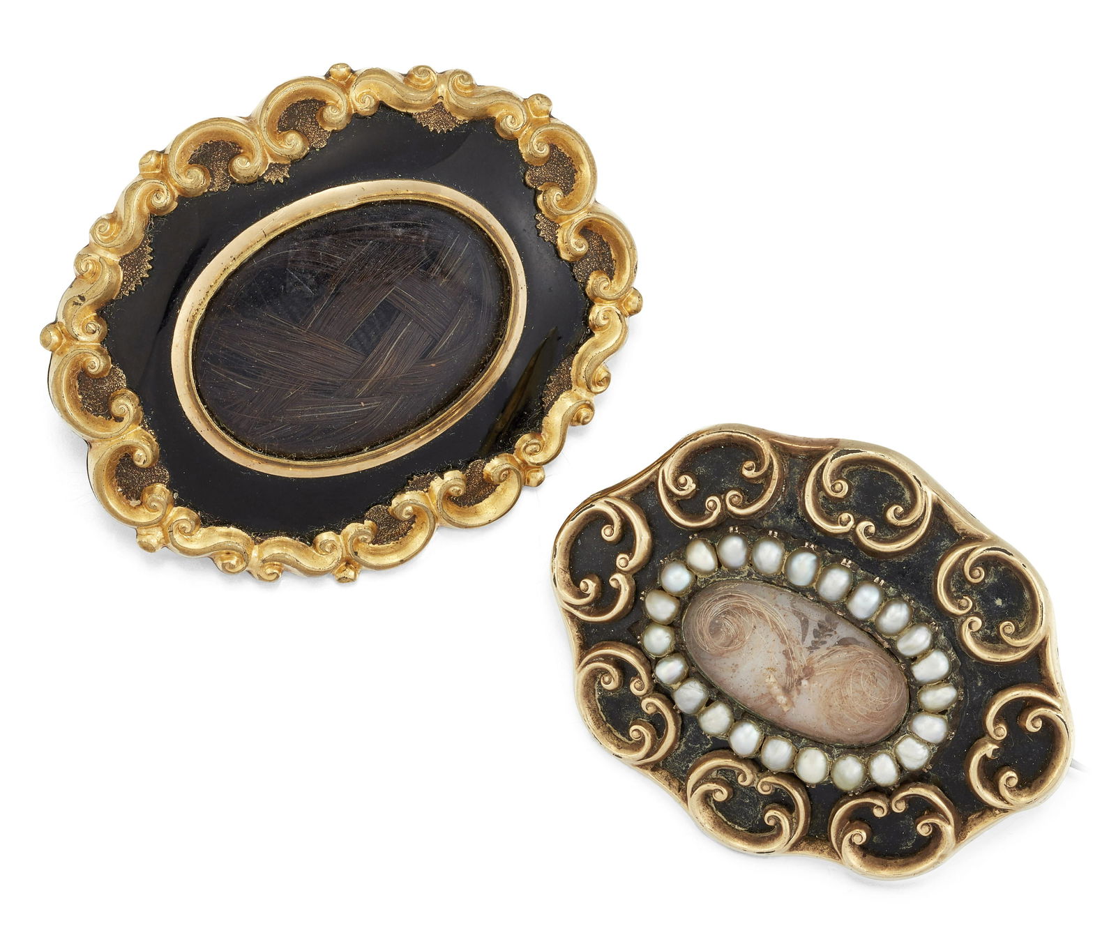 TWO VICTORIAN HAIRWORK AND ENAMEL MOURNING BROOCHES, (1 of 1)