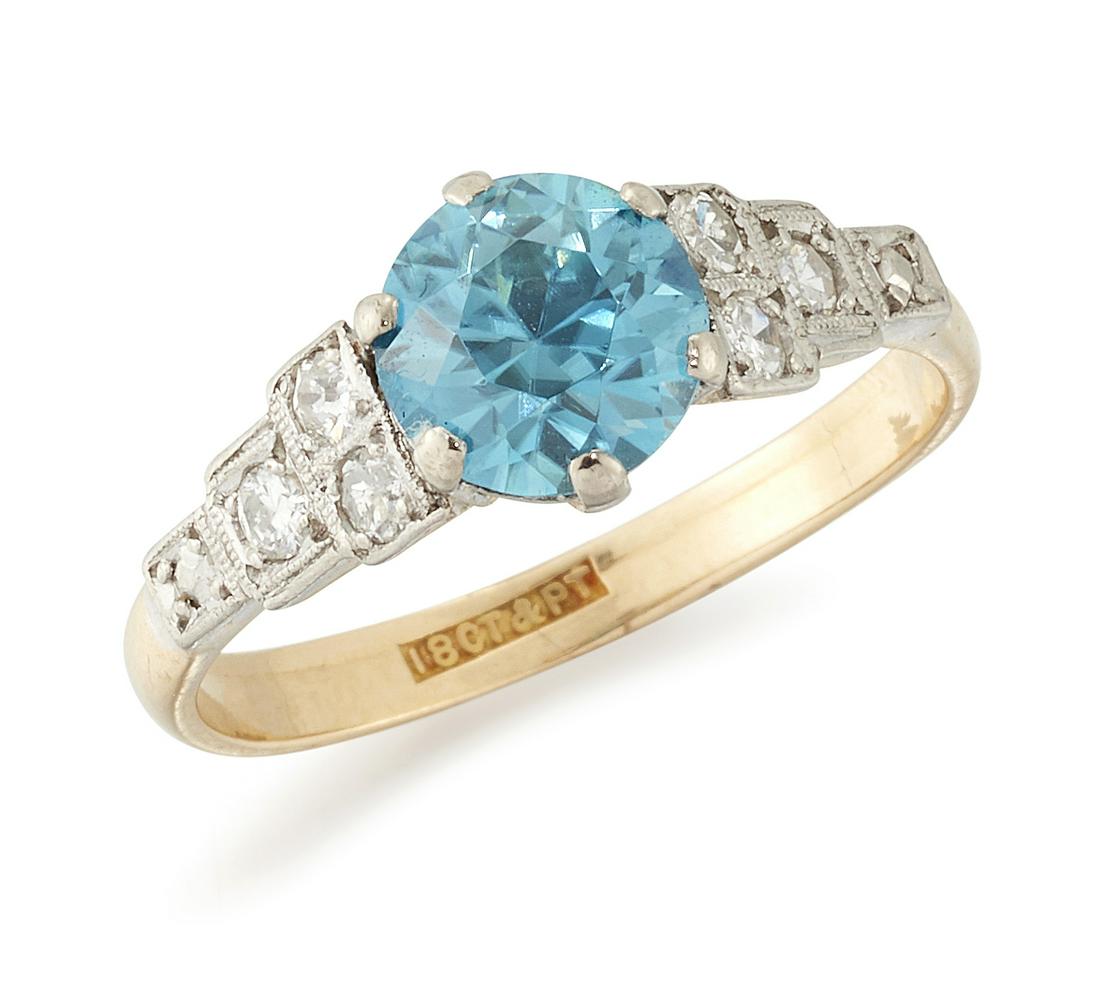 AN ART DECO BLUE ZIRCON AND DIAMOND RING, a round-cut (1 of 1)