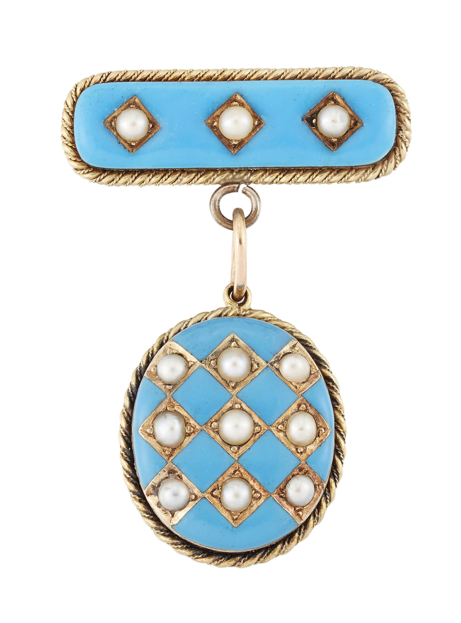 A BLUE ENAMEL AND SPLIT PEARL LOCKET BROOCH, an oval (1 of 2)
