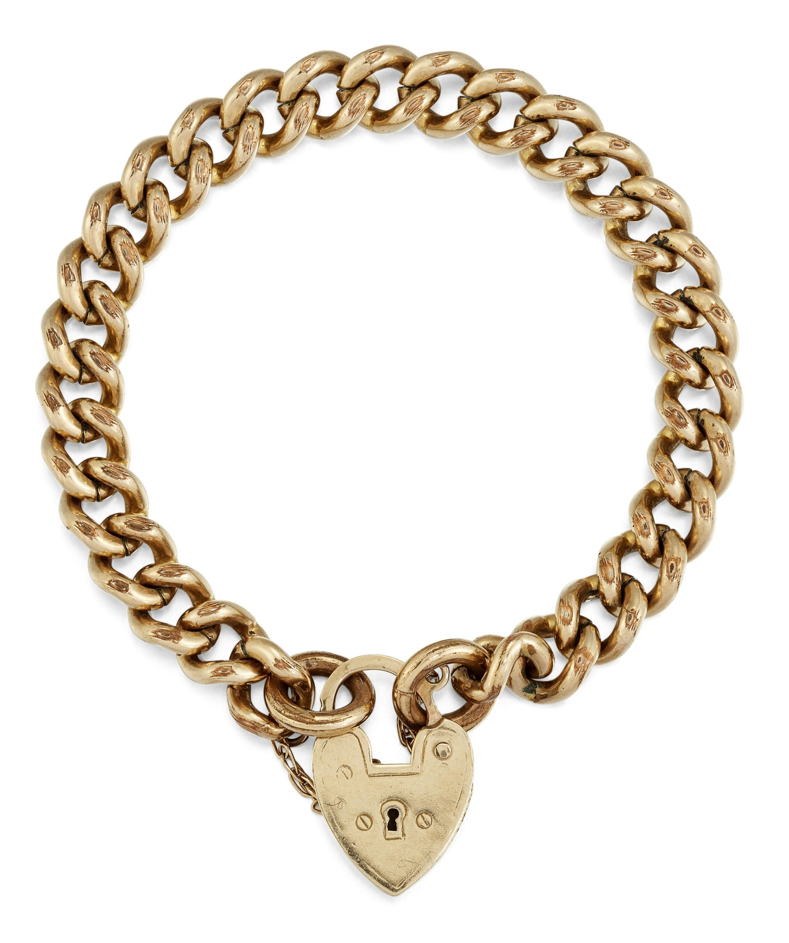 A CURBLINK BRACELET, with a heart-shaped padlock clasp: A CURBLINK BRACELET, with a heart-shaped padlock clasp stamped '9ct', with safety chain, 18cm long, 30.1 grams.