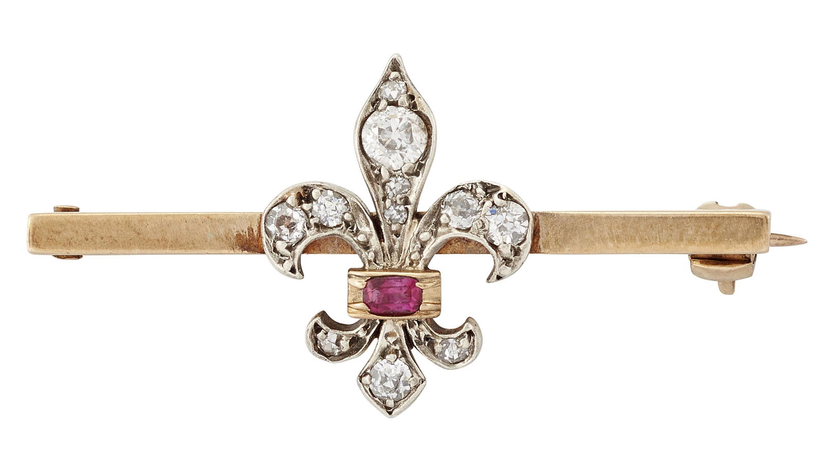 A DIAMOND AND RUBY FLEUR DE LIS BROOCH, set with (1 of 1)
