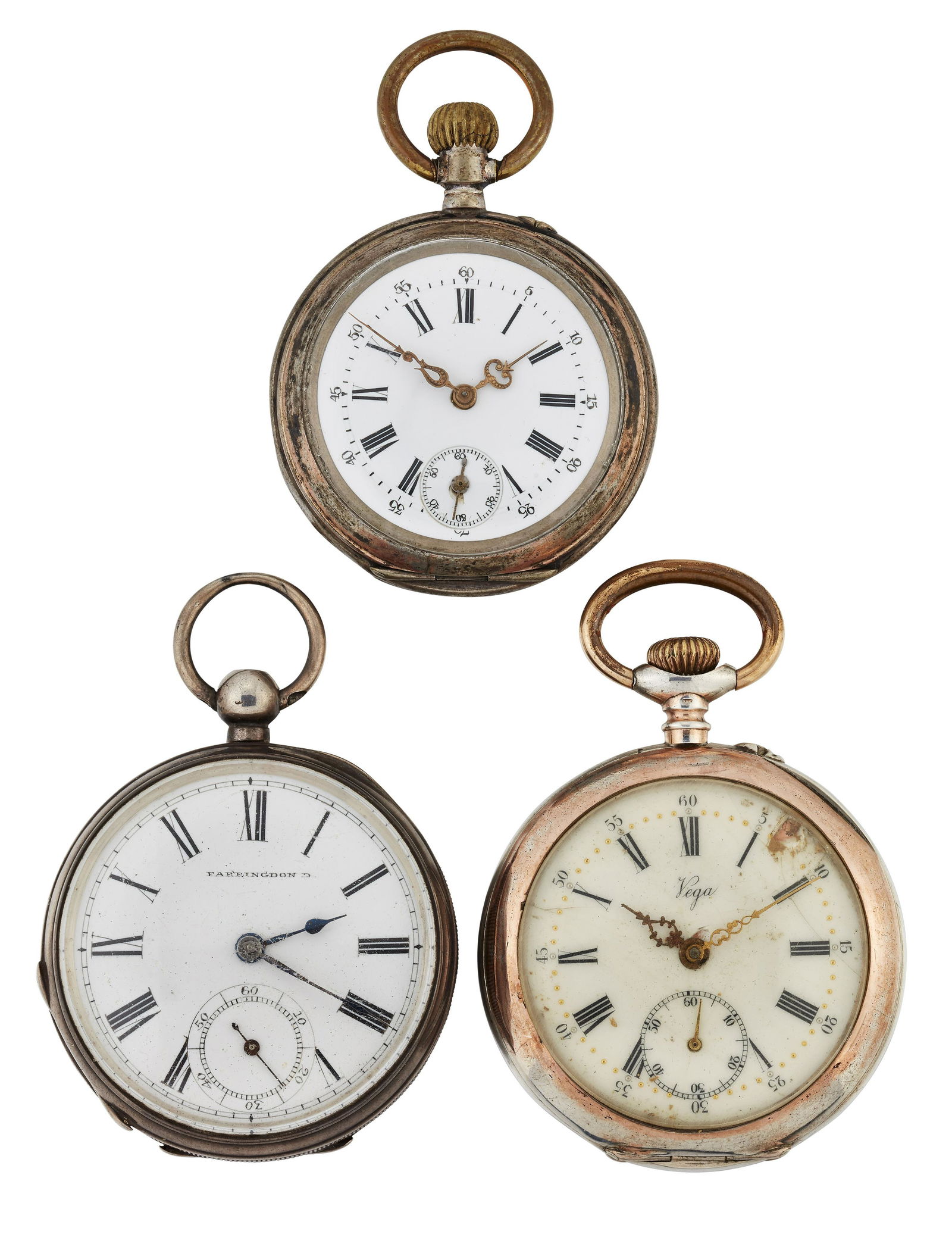 THREE SILVER POCKET WATCHES, by Vega, Farringdon and (1 of 1)