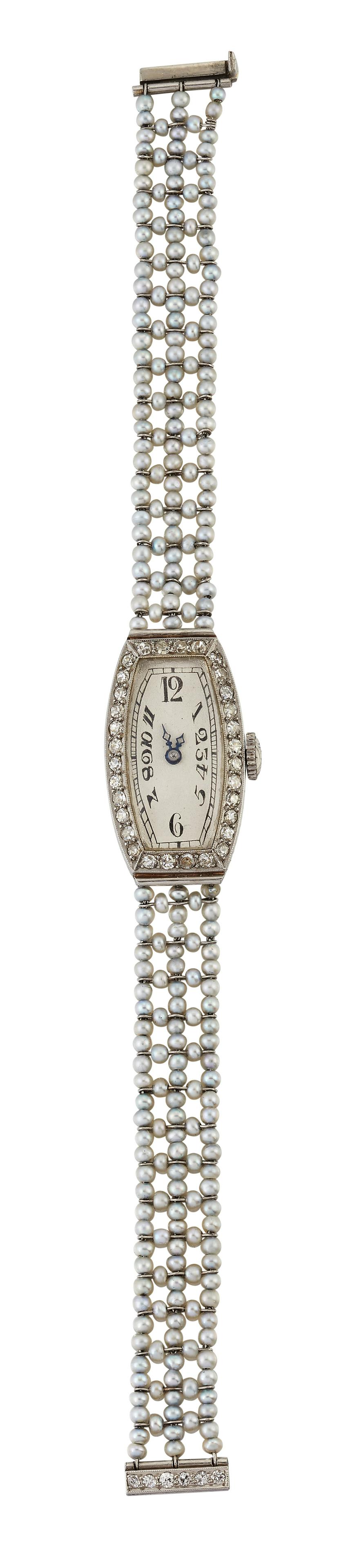 A LADY'S ART DECO DIAMOND AND PEARL BRACELET WATCH,: A LADY'S ART DECO DIAMOND AND PEARL BRACELET WATCH, lozenge silver dial with Arabic index and black scroll hands to a lozenge-shaped case set with eight-cut diamonds, to a five row seed pearl bracelet