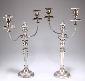 A PAIR OF OLD SHEFFIELD PLATE CANDELABRA, each with: A PAIR OF OLD SHEFFIELD PLATE CANDELABRA, each with reeded scrolling branches and beaded bands. 55.5cm high