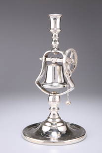 A VICTORIAN SILVER-PLATED TAVERN SERVICE CANDLESTICK,: A VICTORIAN SILVER-PLATED TAVERN SERVICE CANDLESTICK, CIRCA 1885, the bell rung by a wheel and chain, Rd. No. 639461. 29.5cm high