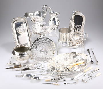 A GROUP OF SILVER AND PLATE, including WMF white-metal: A GROUP OF SILVER AND PLATE, including WMF white-metal two-handled vase, silver pickle fork, two silver dessert spoons, silver-plated baby's rattle, silver-plated candle snuffers on trays, etc.