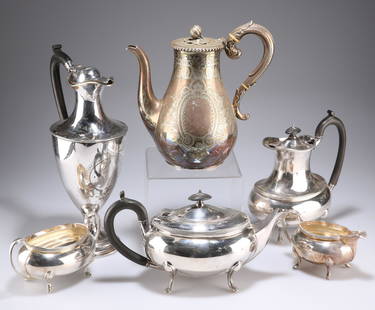 A GROUP OF SILVER-PLATE, comprising Walker & Hall: A GROUP OF SILVER-PLATE, comprising Walker & Hall four-piece tea service, Old Sheffield Plate ewer and a Victorian coffee pot. (6) Ewer 32cm high