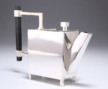 A SILVER-PLATED TEAPOT, IN THE STYLE OF CHRISTOPHER: A SILVER-PLATED TEAPOT, IN THE STYLE OF CHRISTOPHER DRESSER, with ebonised angular handle. 16cm high overall