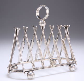 CRICKET INTEREST: A VICTORIAN SILVER-PLATED NOVELTY: CRICKET INTEREST: A VICTORIAN SILVER-PLATED NOVELTY TOAST RACK, the seven bars in the form of crossed bats, the design further incorporating stumps, bails and balls, stamped with registration