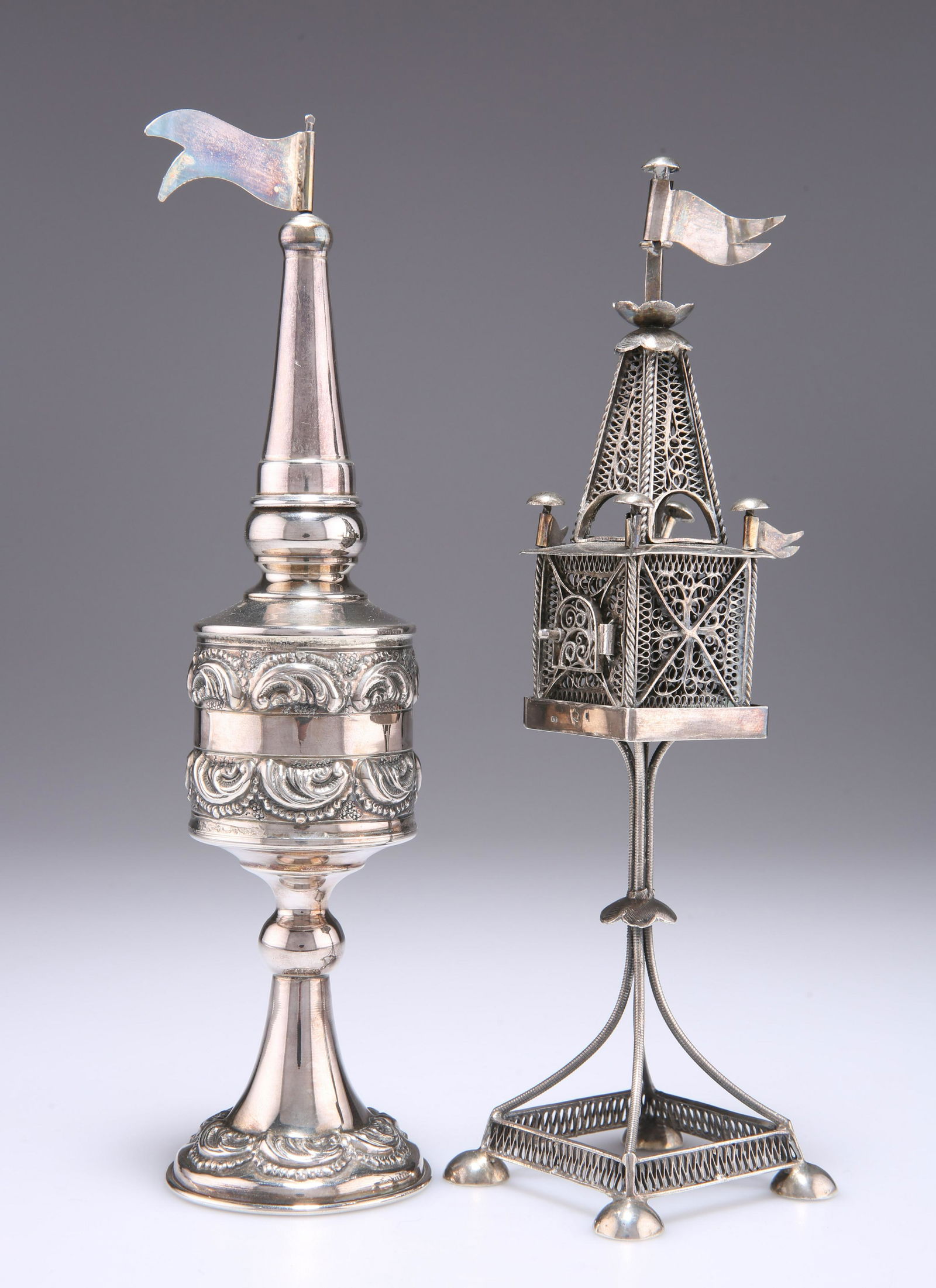 JUDAICA: TWO SILVER SPICE TOWERS, each with steeple (1 of 1)