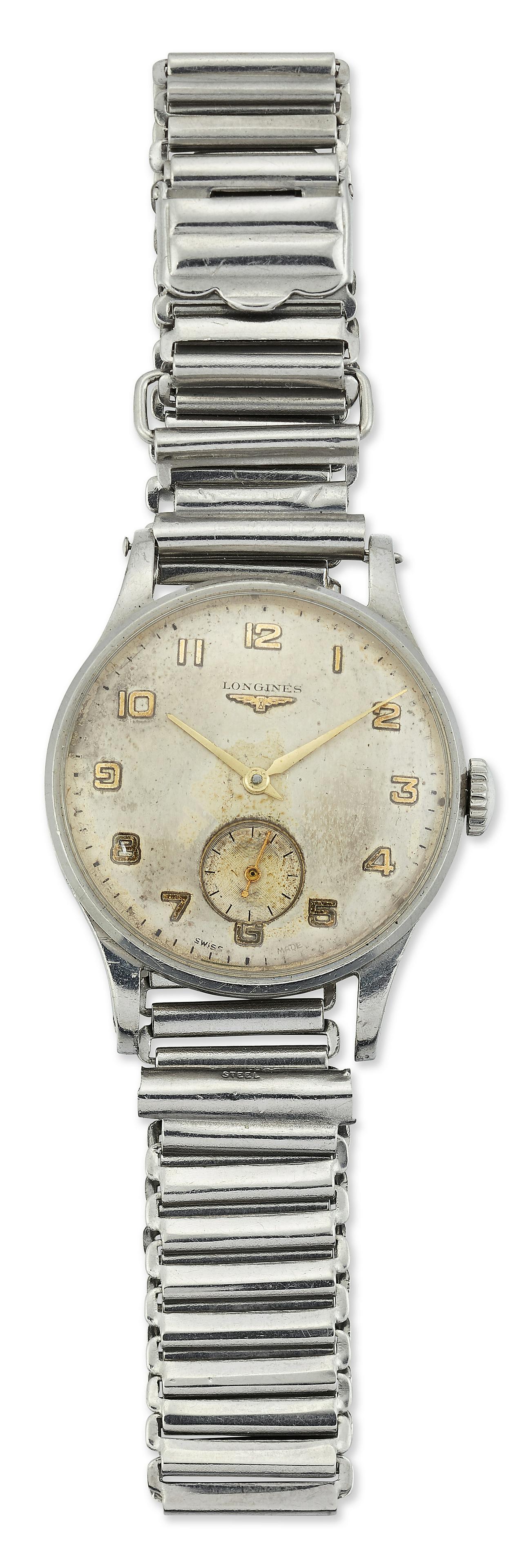 GENTS STEEL LONGINES BRACELET WATCH, circular silver: GENTS STEEL LONGINES BRACELET WATCH, circular silver dial with gilt Arabic index and sword hands, sub seconds dial at 6 oâ€™clock position, plain case 32.5mm diameter, snap on back, gilt metal mo