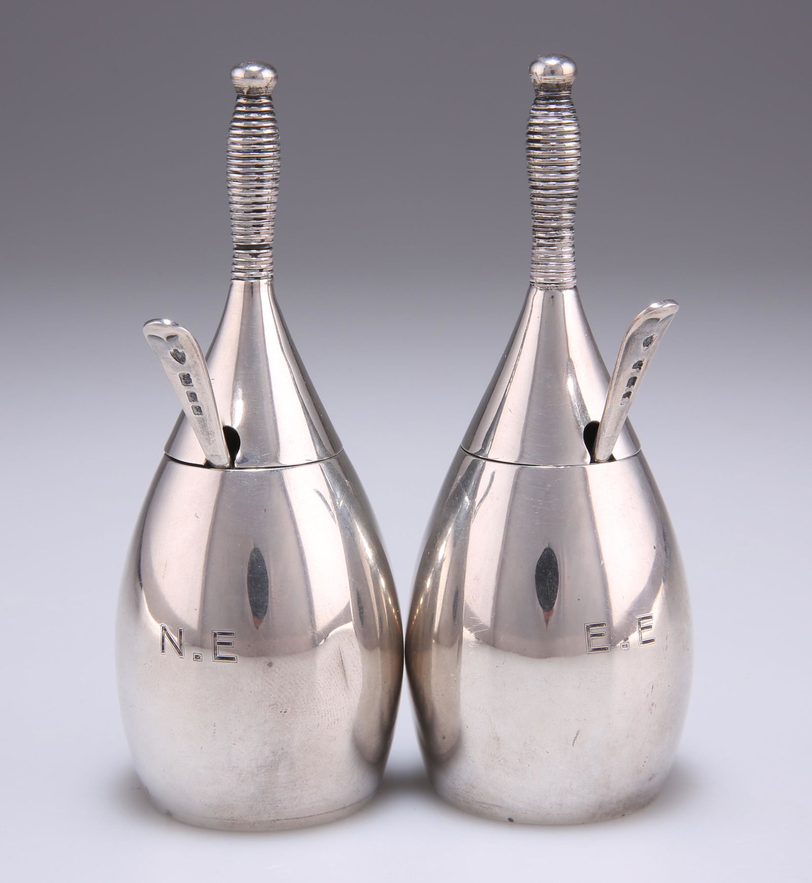 A PAIR OF GEORGE V SILVER NOVELTY MUSTARD POTS, by (1 of 2)