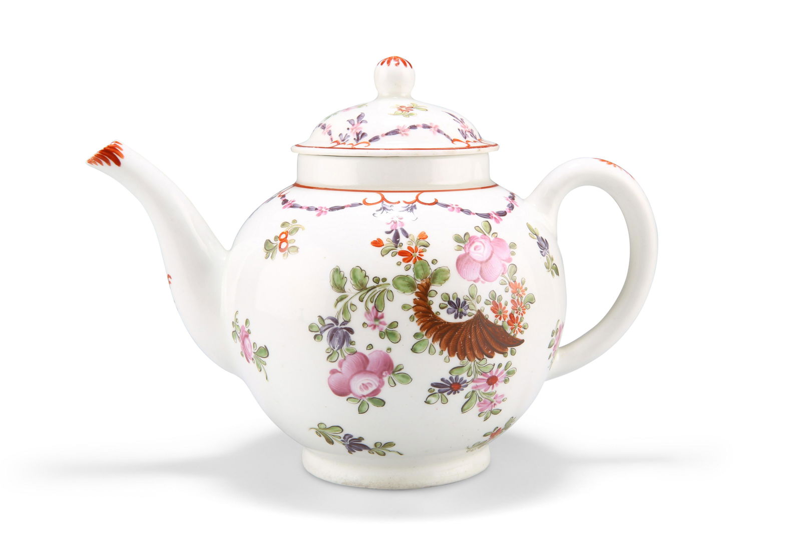 A LOWESTOFT TEAPOT, CIRCA 1780, painted with a (1 of 3)