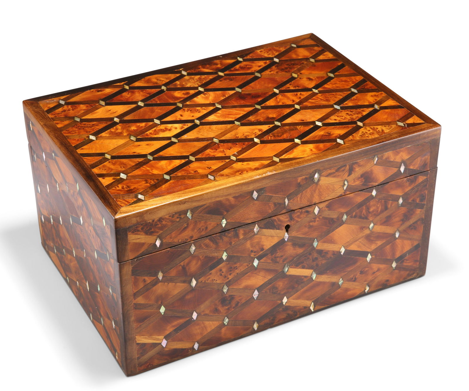 A STRIKING CONTEMPORARY INLAID AND BURR WOOD BOX, the (1 of 2)